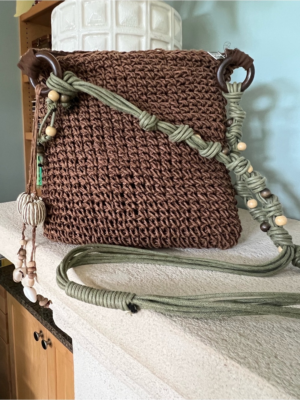 Sun N Sand Boho Woven Raffia Crochet Crossbody Bag Olive Macrame Strap